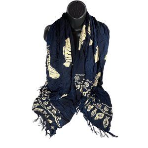 Mi Luna Swim Cover Up Fringe Shawl Navy Two Tone Tropical Print Cover Up